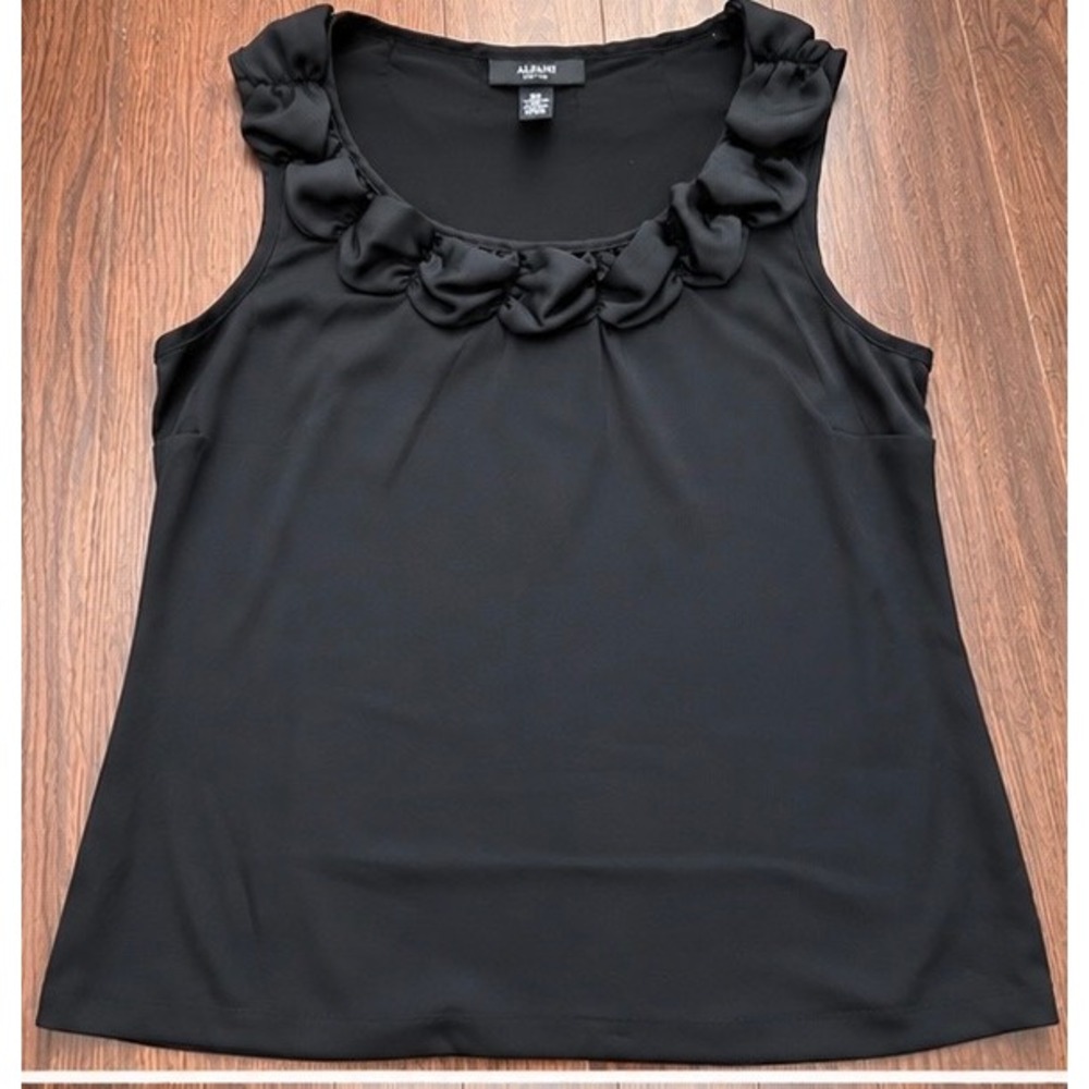Alfani Petite Black Ruffle Neck Sleeveless Blouse Top Womens 10P Casual